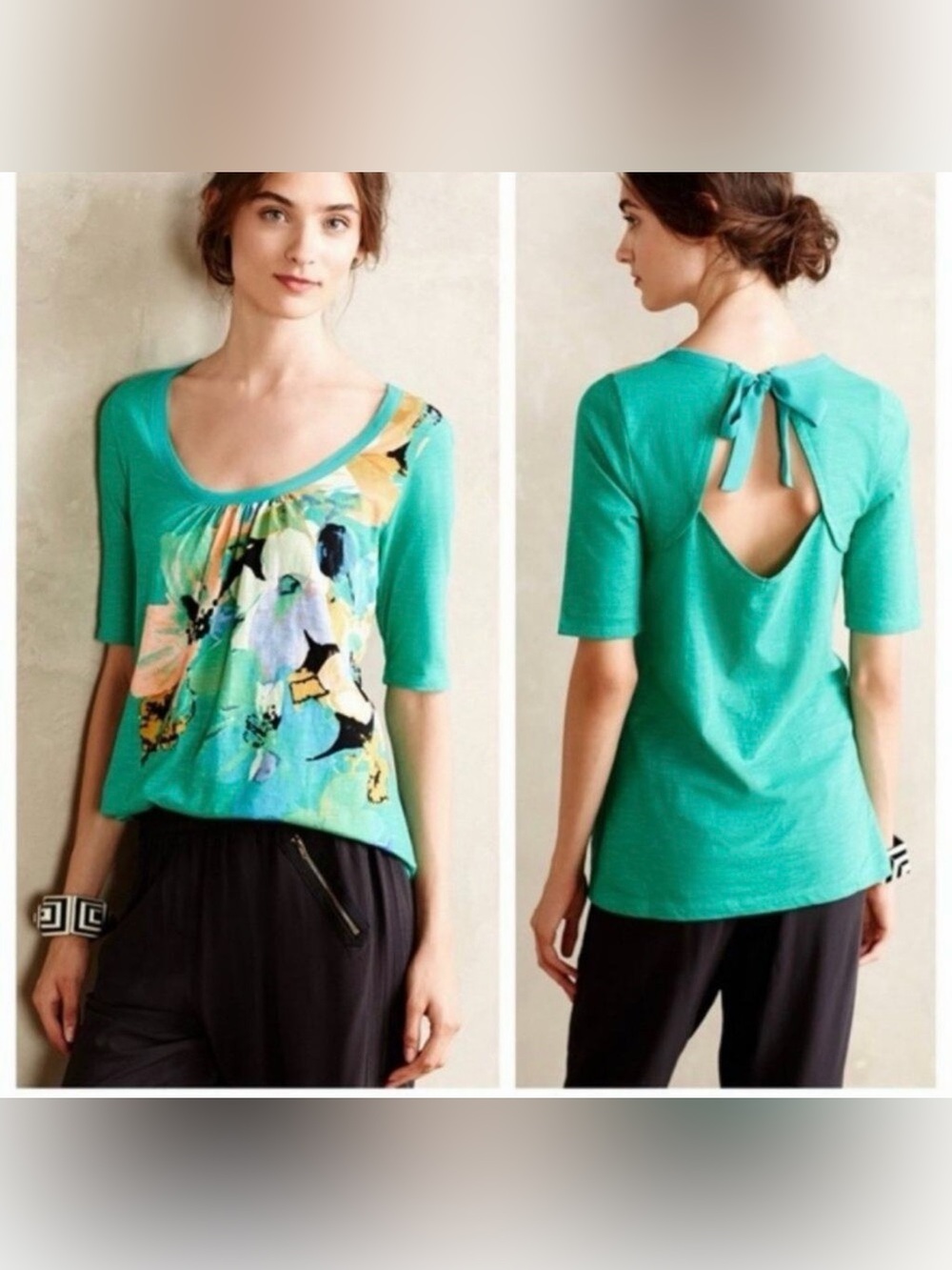 Anthropologie Akemi + Kin Green Floral Top Tie Back 100% Cotton Size Small